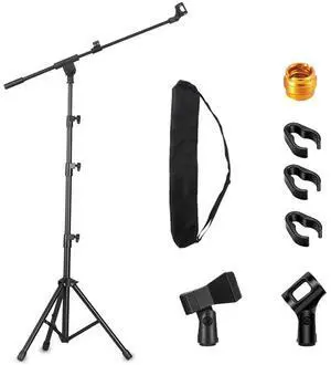 Floor Mic Stand Tripod Boom Arm Mic Holder with Carrying Bag and 2 Mic Clips Suitable for Any Microphone Performance Singing