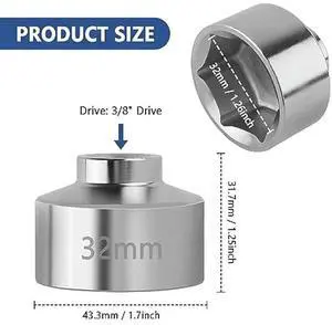 32mm Socket-Oil Filter Wrench Tool,Steel Quickly Oil Filter Removal Tool,3/8Inch Drive Oil Filter Socket Tool