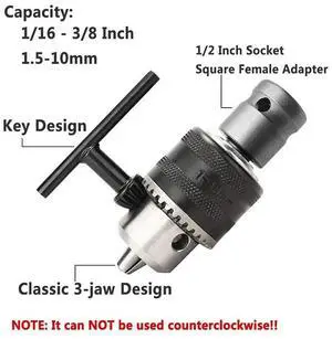 1.5-10mm 1/16 Inch - 3/8 Inch Capacity Key Drill Chuck Wrench Converter 1/2 Inch Socket Square Female Adapter