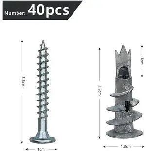 40 Pcs Metal Self Drive Anchor Plasterboard Dowels with Screws 4.5 x 35mm for Single-Layer and Double-Clad Plasterboar