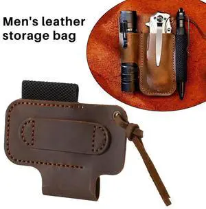 Handmade Leather Sheath Folding Knife Flashlight Holder EDC Tool Brown