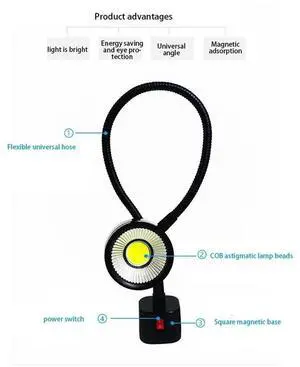 LED Work Light Magnetic Base Flexible Gooseneck Lamp 220V 5W for Lathe Milling Drill Press Industrial Lighting, Eu Plug