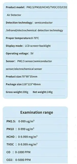 6 in 1 PM2.5 PM10 HCHO TVOC CO CO2 Air Detector CO CO2 Formaldehyde Monitor Home Office Air Tester,Black