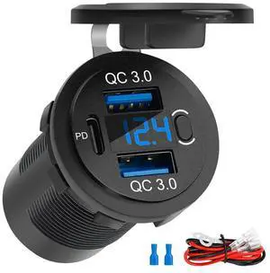 USB C Car Charger Socket With Voltmeter 30W Quick Charging Port For Marine Boat Car