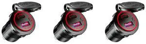 3X PD Type C USB Car Charger And QC 3.0 Quick Charger 12V Power Outlet Socket With ON/Off Switch Red