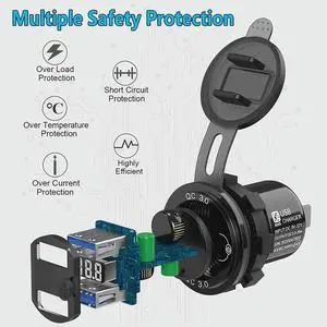 4X Quick Charge 3.0 Dual 12V USB Car Charger, Aluminum Socket With Switch Button And Red Digital Voltmeter, Waterp