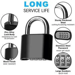 4-Digit Combination Lock Outdoor Padlock Waterproof Combo Lock For Gym Locker, Hasp Storage, Shed, Fence, Gate Black-N33R