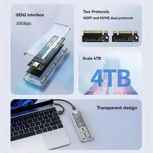 Ageryu M2 SSD Enclosure M.2 Nvme+NGFF Dual Protocol SSD Enclosure USB 3.2 Gen2 10Gbps Transparent External Drive Case For PC C-N33R