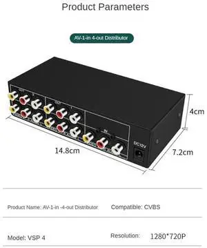 Ageryu 4-Way AV Splitter 1 In 4 Out Composite RCA AV Splitter 1X4 Video Audio RCA Splitter Distributor For DVD C-VBS EU Plug Durable-N3