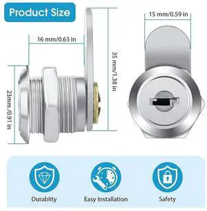 Ageryu 16 Pieces Cabinet Cam Lock Keyed Alike Cylinder Cam Lock 5/8 Inch Zinc Alloy Drawer Lock Secure File Cylinder Lock Keyed-N33R