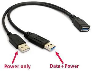 Dual USB External PC Accessories USB 3.0 Female to Dual USB Type A Male Extra Power Data Y Extension Cable Black