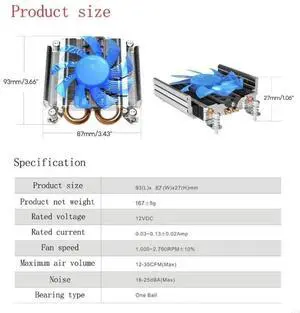 2 Heatpipe Thin CPU Air Cooler 1U HTPC Radiators for LGA1200 115x