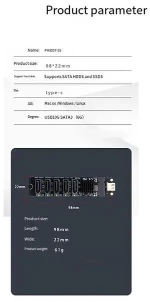 Adapter Card TYPE-C To SATA To 5-Port SATA3 6Gbps USB10G Expansion Adapter Card JM575+JMS580-N33R