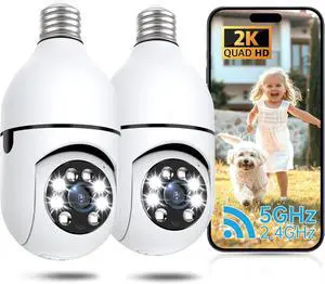 Light Bulb Security Camera 2 Packs, 5G&2.4GHz 2K Security Cameras Wireless Outdoor 360° PTZ Cameras for Home Security with Color Night Vision, 2 Way Talk, AI Human Detection, Screw in Light Socket