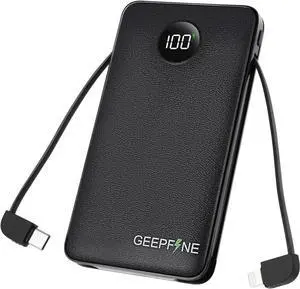 GEEPFINE Portable Charger Power Bank for iPhone,Samsung,10000mAh Slim Battery Pack Charger with Built-in Cables, PD20W Fast Charging Battery Pack, Screen Display Power Bank Travel Essentials (Black)