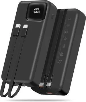 Portable Charger, 20000mAh Power Bank with 2 Built-in Cables, 22.5W Fast Charging with Screen, Travel Battery Pack for i Phone, i Pad, Samsung, Google Pixel, LG and More (Black 20000mAh)