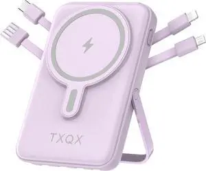 Portable Charger 10000mAh, Magnetic Power Bank with Built-in Cables LED Display,Mag-safe Battery Pack with Stand 22.5W PD Fast Charging for iPhone 16/15/14/13/12/Pro/Mini/ProMax (Purple)
