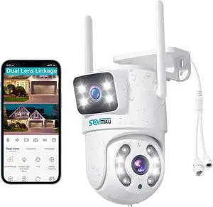 SOVMIKU 6MP PTZ Dual Lens Security Camera Outdoor, Wired Plug-in | Wireless 2.4G WiFi Camera, 360° View, Auto Tracking, Human Detection, Light Alarm, Color Night Vision, 24/7 Record,Two-Way Talk