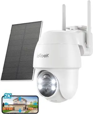 ieGeek Solar Security Cameras Wireless Outdoor, 2K 2.4G WiFi Camera with Solar Panel and Battery Powered, Color Night Vision with Spotlight, 360° PTZ, 2-Way Audio, PIR Motion Sensor, no Subscription