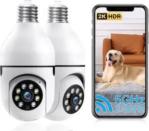 Light Bulb Camera Outdoor,5G&2.4G WiFi Security Cameras Wireless Indoor,2K Cameras for Home Security Two-Way Talk,Color Night Vision,360°PTZ,Human Motion Detection,Bulb Camera Compatible with Alexa