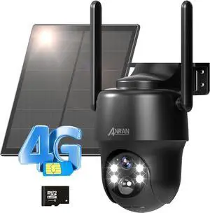 ANRAN 4G LTE Cellular Solar Security Camera Wireless Outdoor,No WiFi 3MP Solar Powered 2K Camera,Color Night Vision,360° Live View,PIR Motion Sensor,2 Way Talk,Black (SIM&SD Card Included)