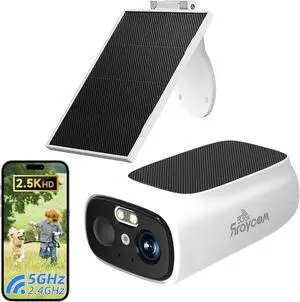 Rraycom Solar Security Cameras Wireless Outdoor, 2.4/5 Ghz WiFi Cameras for Home Security,2 Solar Panels+1Cam, 2-Way Talk,2K Color Night Vision, Spotlight/Siren Alarm, Work with Alexa, IP66 Waterproof