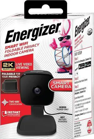 Energizer Smart 2K QHD Security Camera, Wired Indoor 2.4Ghz Wi-Fi Camera, 2-Way Audio, Night Vision, Motion Detection & Instant Alerts, App Control, Cloud & Micro SD Storage, Foldable for Privacy