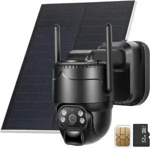 4G LTE Cellular Solar Security Cameras Wireless Outdoor, 2K No WiFi Need Solar Powered Camera, 360° Live View, Color Night Vision, PIR Motion Sensor, 2 Way Talk, (SIM Card,32GB SD Card Included)