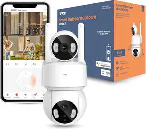 2K Dual Lens Outdoor Security Camera - Dual Lens Technology, Motion Tracking, 280° Rotation, IP65, Built-in Light, Night Vision, Alexa/Google Compatible