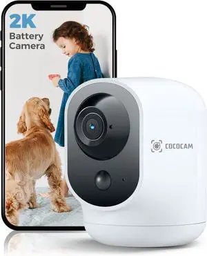 COCOCAM 2K Indoor Pan/Tilt Security Camera with 5200mAh Battery, WiFi Camera,Wireless for Baby Monitor/Pet/Home Security, AI Recognition, PIR Human Detection, 2.4G WiFi (White)