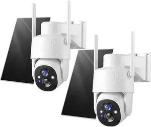 Solar Security Cameras Wireless Outdoor, 2K Pan Tilt 360° View Battery Powered 2-Way Talk Outdoor Camera Wireless 3MP PTZ WiFi Surveillance Cam Cloud/SD Storage Color Night Vision Spotlight 2-Pack