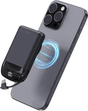 iWALK 10,000mAh Magnetic Portable Charger, Wireless Mini Power Bank,40W Max Fast Charging Battery Pack with Built-in USB-C Cable Compatible with iPhone 16/15 Series, AirPods, Samsung S25 Series,Black