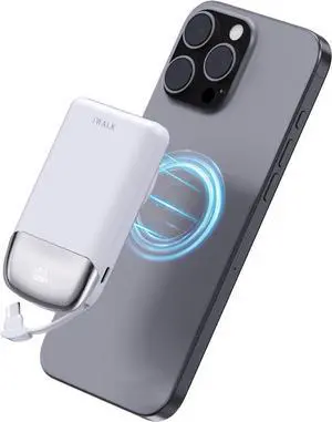 iWALK 10,000mAh Magnetic Portable Charger, Wireless Mini Power Bank,40W Max Fast Charging Battery Pack with Built-in USB-C Cable Compatible with iPhone 16/15 Series, AirPods, Samsung S25 Series,White