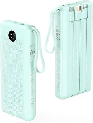 VRURC Portable Charger 20000mAh, Built-in Cables Fast Charging Power Bank, PD QC 3.0 Travel Essentials Battery Pack, 4 Output & 2 Input Phone Charger for iPhone16 15 14 13 X, Samsung, Android-Green