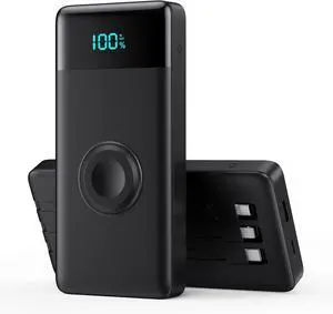 Portable Charger with Built-in Cables and iWatch Charger,10800mAh QC4.0+PD 25W Fast Charging USB C Power Bank,6 Outputs LCD Display Travel Battery Pack for iPhone 16/15/14/13, Android,Apple Watch etc