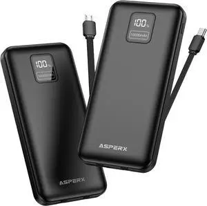 AsperX 2-Pack 10000mAh Portable Charger with Built-in Cables, USB-C Output Power Bank Fast Charging, LED Display Travel Essential Battery Pack for iPhone Android Google Pixel LG iPad Heated Vest, etc