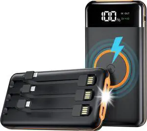 Portable Power Bank Charger,40000mAh Power Bank Flashlight 5V3.1A Fast Charger and Built in Out/Input Cables 10W Wireless Charger for Smart Devices and Cell Phones (Orange)