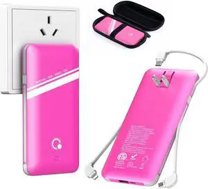 10000mAh Power Bank, Q Slim Portable Charger,4 Output External Battery Pack with Built-in AC Wall Plug Micro USB C Three Cables Compatible with All Kinds of mobilephone (Pink)