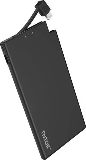 TNTOR Slim Portable Charger with Built in iOS Lightning Cable, 5000mAh Ultra Thin Lightweight Power Bank - Travel Essentials - Compatible with iPhone 14/13/12/11/X/8 Older Series