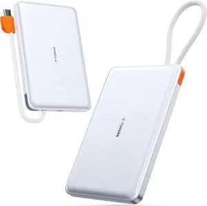 TORRAS Power Bank with Built-in USB-C Cable, Ultra-Slim 10,000mAh Portable Charger USB C, 22.5W Fast Charging Battery Pack for iPhone 16/15/Samsung S25 Ultra/Android, Glacier White (No-Wireless)