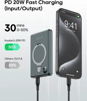 Kuulaa 10000mAh Magnetic Power Bank with LED Display & Stand, PD 20W Fast Charging, Ultra Slim Portable Charger for iPhone 16/15/14/13/12, Magsafe Wireless Charger Battery Pack (Grey)