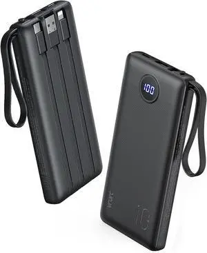 VRURC Portable Charger, 22.5W Power Bank 10000mAh, USB-C Cable in & Out Fast Charging Battery Pack, Compact Travel Essential 4 Outputs 3 Inputs for iPhone 16 15 14 13,Samsung, Android etc-Black