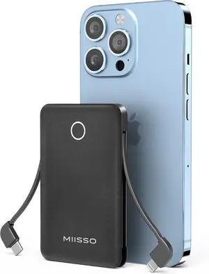 6000mah Ultra Slim Built in Cables Power Bank, Card Size Built in USB C Cords Battery Pack Portable Charger for Phones, 3 Output External Battery Pack Compatible with iPhone, Samsung, Deep Black