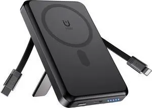 for Magsafe Battery Pack 10,000mAh, 4 Outputs & 2 Inputs Wireless Portable Charger Power Bank with 2 Built-in Cables & USB-C Fast Charging, Magnetic for iPhone 15/14/13/12 Pro/Max/Plus, Kickstand