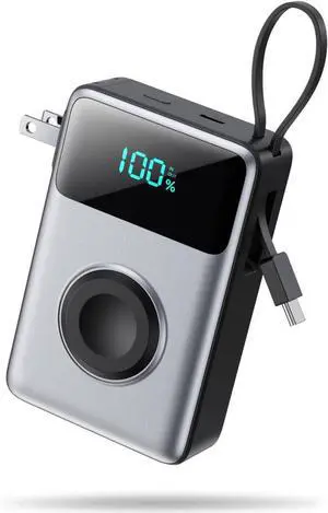 4-in-1 Portable Charger With Built-in Wall Plug&USB-C Cables,10800mAh Power Bank with iWatch Charger,QC4.0+PD 25W Fast Charging Battery Pack,Travel Essentials for iPhone 16/15,Apple Watch,Android etc