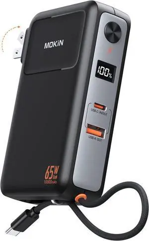 Portable Charger 3 in 1, 10000mAh Power Bank Built in Cable and AC Wall Plug 65W, Phone Battery Pack Fast Charging 35W Max, USB C Travel Chargers for iPhone 16 15 Series, Samsung, MacBook, Laptop