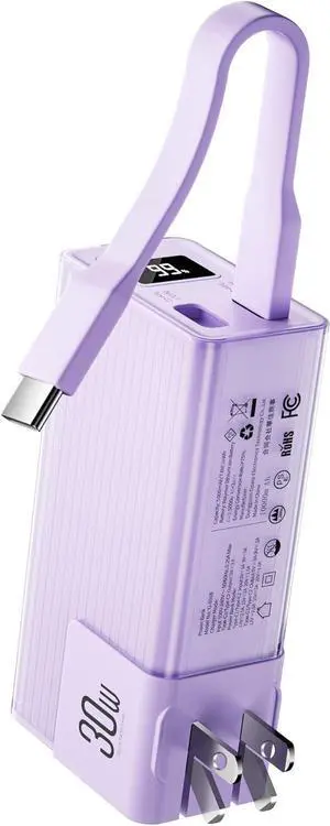 Miady Portable Charger Built-in Foldable Wall Plug, PD 30W 10000mAh Compact Power Bank has USB-C Cable & LED Display, Travel Essential Battery Pack Compatible with iPhone Galaxy Smartphones (Purple)