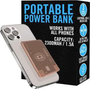 AquaVault ChargeCard  Ultra Slim Emergency Power Bank (2300mAh)  Fits in Wallet  USB-C & Micro-USB  Durable Steel Body  Flight-Safe Pocket Charger for iPhone 16/15/14/13/12, Android - (Rose Gold)