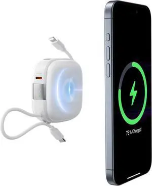 Magnetic Wireless Power Bank,Compact Portable Charger 20W Fast Charging, Travel Essential 10000mAh Battery Pack with Built-in Cables USB C for iPhone All Series, AirPods, Apple Watch, Android More