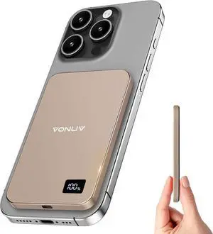 Magnetic Portable Charger 5000mAh, 15W Ultra Slim Wireless Portable Charger, Fast Charging for iPhone 16/15/14/13/12 Pro/Pro Max/Plus, Metal Shell, USB-C Cable to Charge Other Phones (Gold)